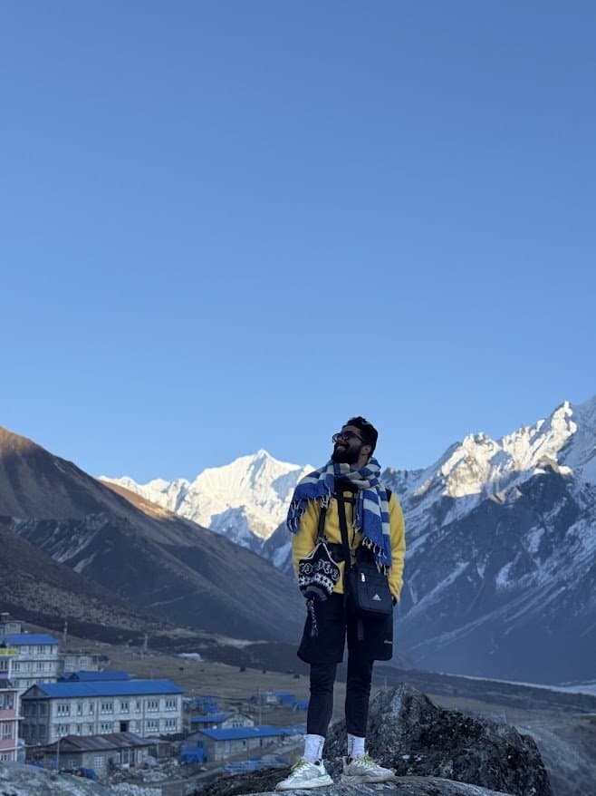 Above a Langtang mountain village at golden hour